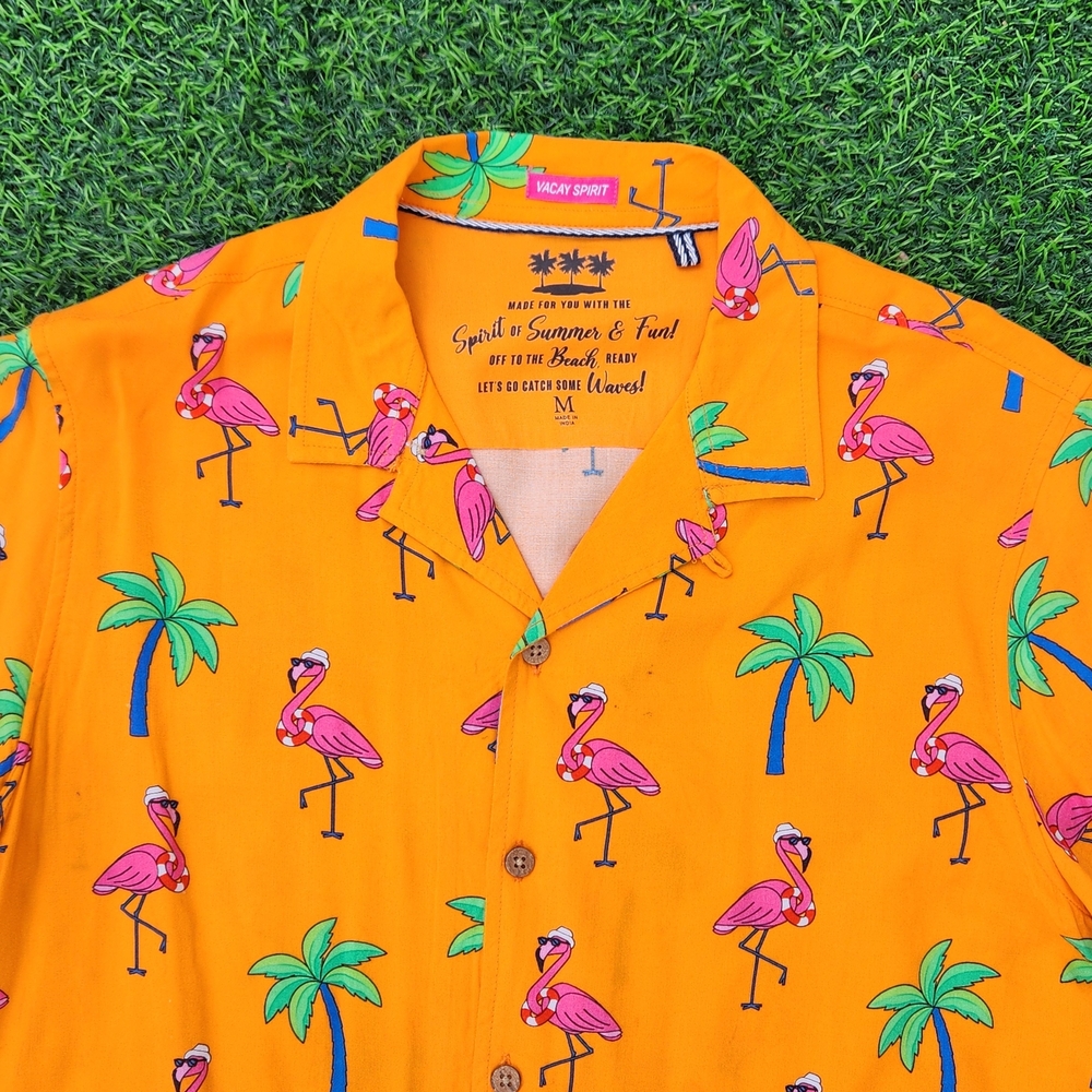 VACAY SPIRIT Men's Orange Flamingo Print Camp Shirt SIZE M